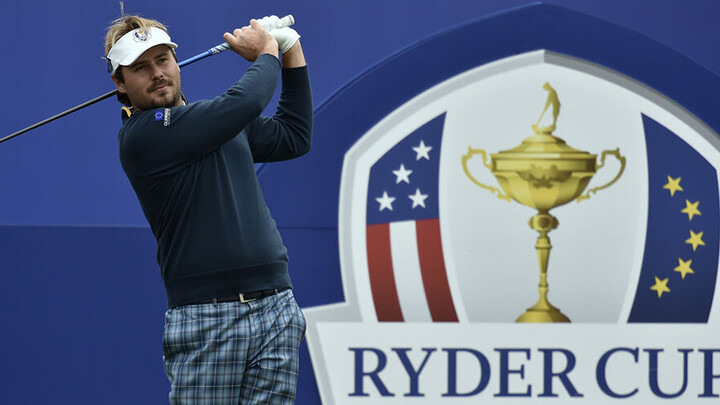 European Ryder Cup player Victor Dubuisson watches his tee shot during practice ahead of the 2014 Ryder Cup at Gleneagles